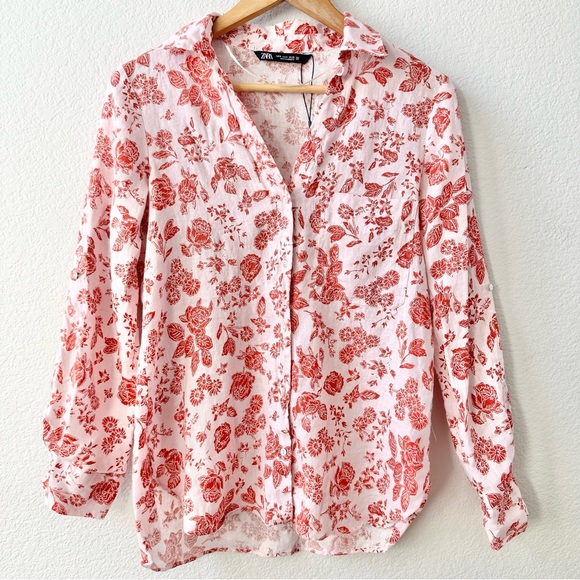 Zara Button Down Long Sleeve Floral Linen Size Small - Picture 5 of 9